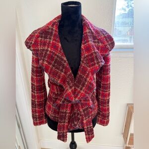 Anthropologie Tabitha Plaid Ruffle Jacket Size 2 Belted Tweed Wool Blend